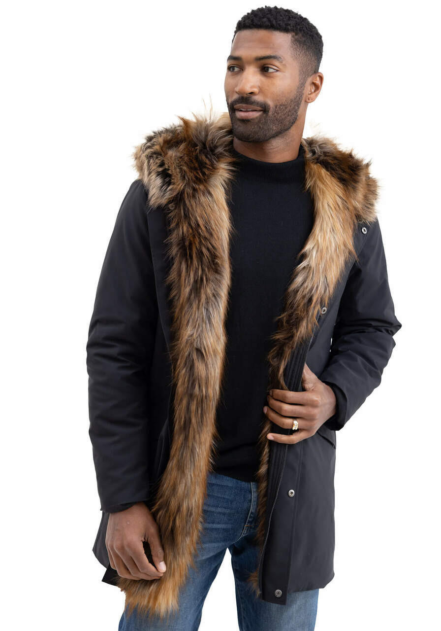 Men's Black Faux Fur-Trimmed Hooded Storm Coat   Men's Black Faux Fur-Trimmed Hooded Storm Coat