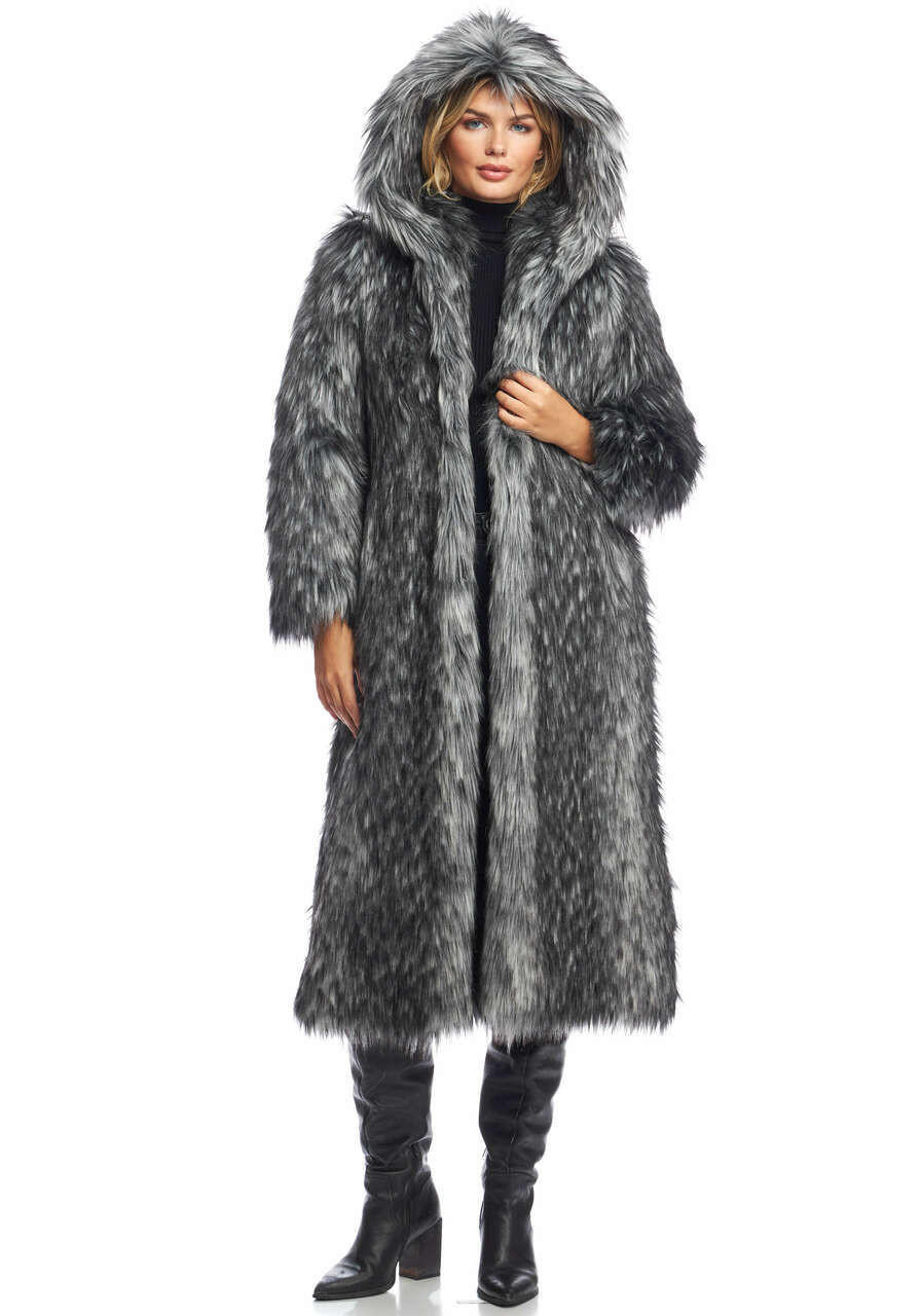 Smokey Fox Hooded Full-Length Faux Fur Coat   Smokey Fox Hooded Full-Length Faux Fur Coat
