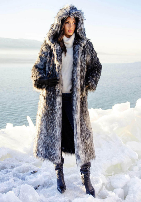 Smokey Fox Hooded Full-Length Faux Fur Coat   Smokey Fox Hooded Full-Length Faux Fur Coat